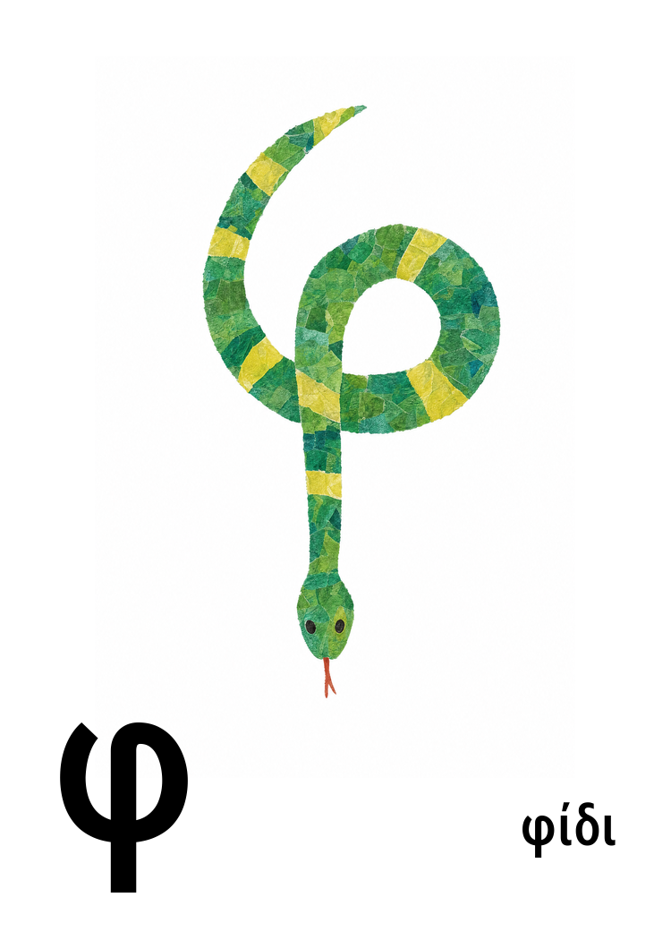 Close-up: the letter φ formed as a coiled snake (φίδι)