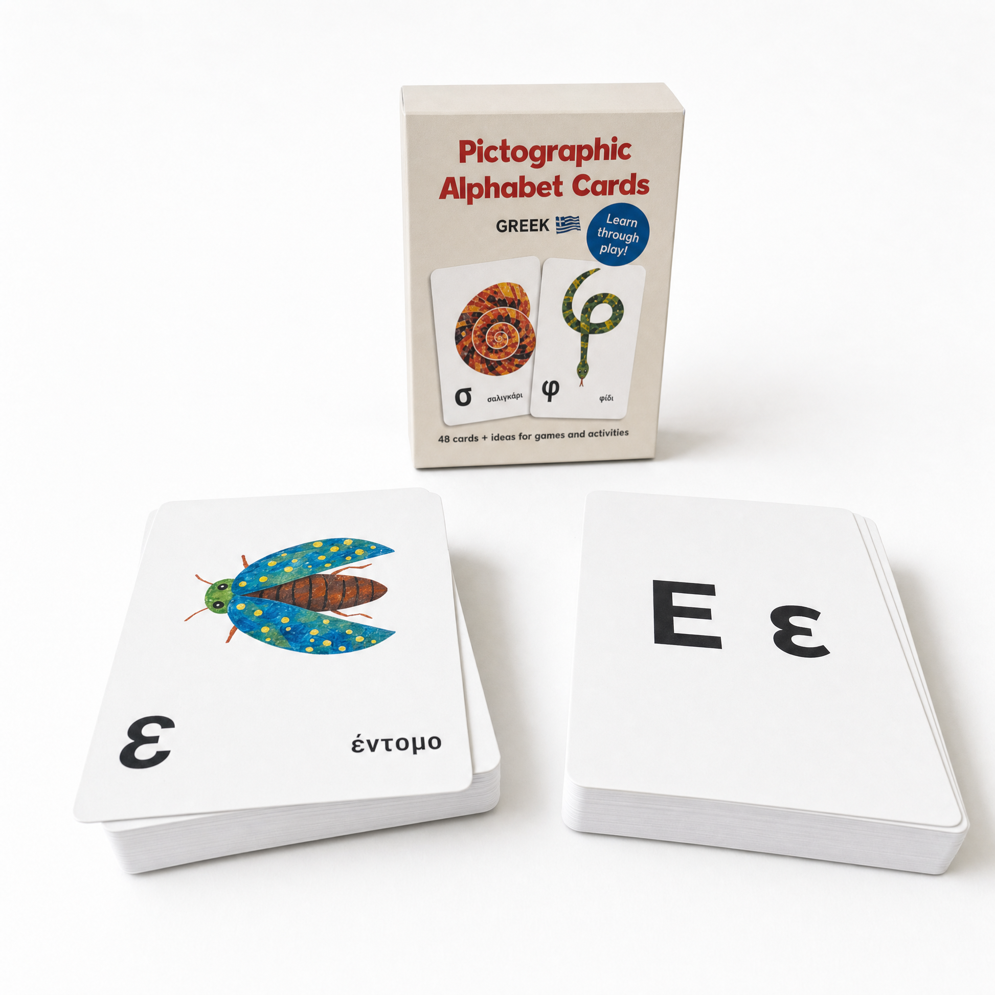 Pictographic Greek Alphabet Cards — two decks and box
